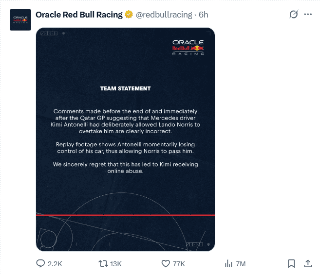  Publicación de Red Bull en redes sociales. X / @@redbullracing
