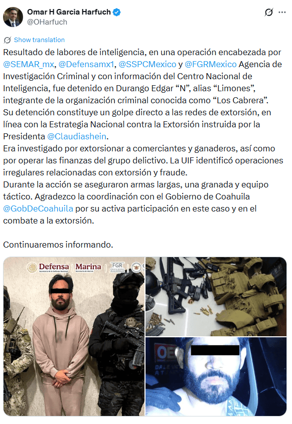 Publicación de Harfuch luego de la captura de