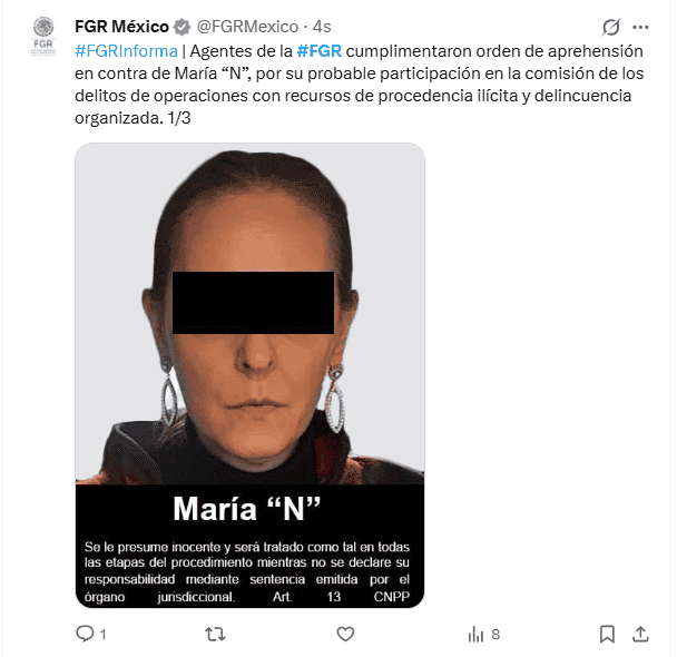 Publicación de la Fiscalía General de la República sobre la detención. X / @FGRMexico