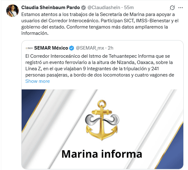 &nbsp;La Presidenta compartió el comunicado de Marina en redes sociales. X / @Claudiashein