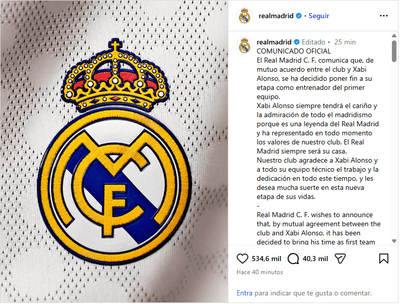&nbsp;Publicación del club europeo donde se hace oficial la destitución de Xavi Alonso. X / @realmadrid