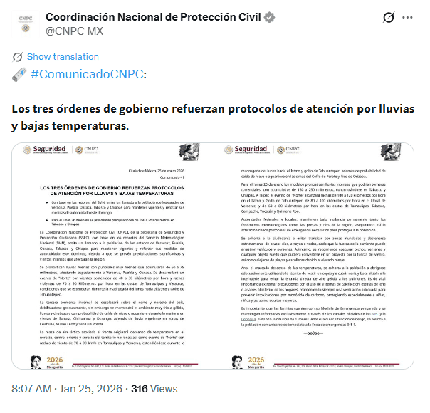 &nbsp;Publicación de la CNPC desde sus redes sociales. @CNPC_MX