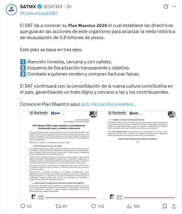 &nbsp;Anuncio del Plan Maestro 2026. X / @SATMX