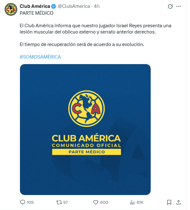 &nbsp;Israel Reyes, lesionado luego de su convocatoria con la Selección Mexicana. X / @ClubAmerica