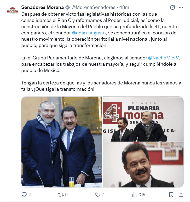 &nbsp;Retiro de Adán Augusto, llegada de Ignacio Mier. X / @MorenaSenadores