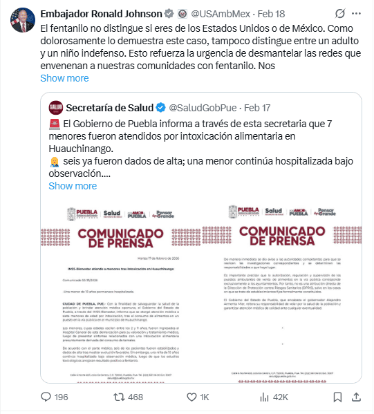 &nbsp;La publicación del funcionario desde sus redes sociales. X / @USAmbMex