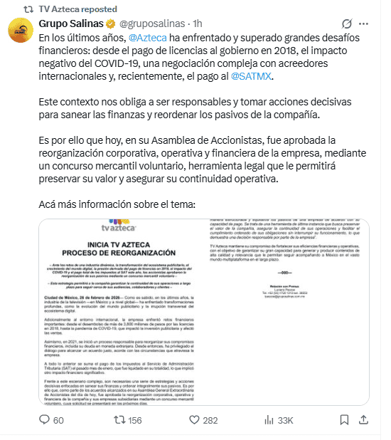 Publicación desde la cuenta oficial del conglomerado empresarial de Salinas Pliego. X / @gruposalinas&nbsp;