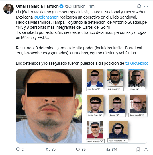 Harfuch reporta las detenciones desde sus redes sociales. X / @OHarfuch&nbsp;
