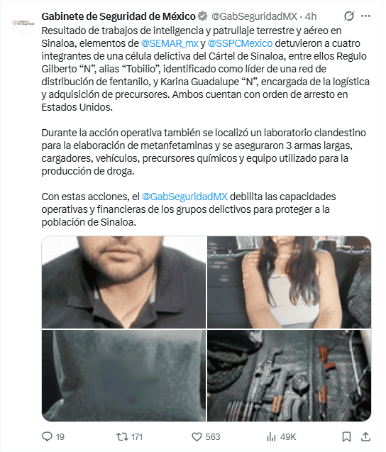 Publicación del Gabinete de Seguridad desde redes sociales. X / @GabSeguridadMX&nbsp;