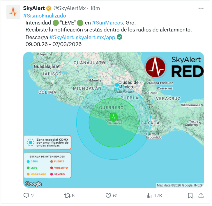 Notificación del sismo en progreso.  X / @SkyAlertMx