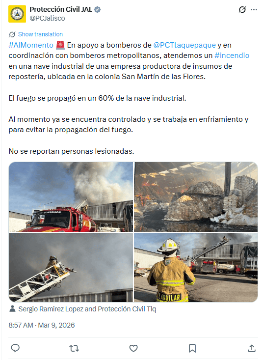 &nbsp;Protección Civil Jalisco y bomberos trabajan en el sitio del incendio en San Martín de las Flores. X / @PCJalisco