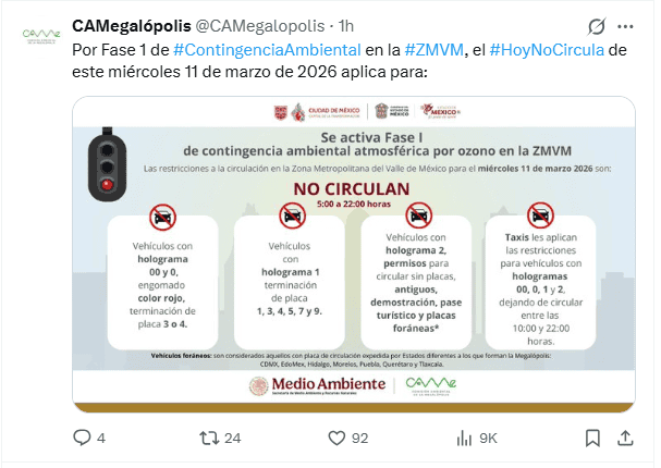 &nbsp;Automóviles que no circulan este 11 de marzo por Fase I de contingencia ambiental. X / @CAMegalopolis
