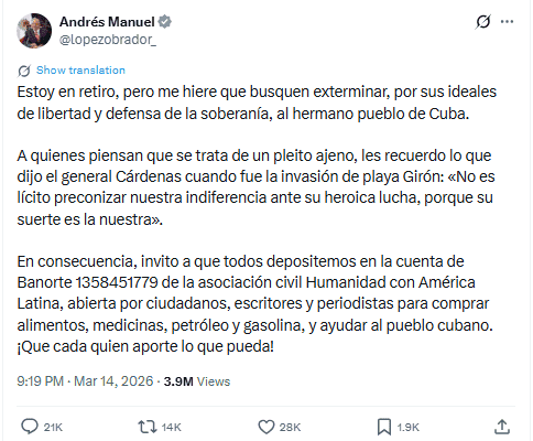 &nbsp;López Obrador aparece en redes para pedir ayuda humanitaria dirigida a Cuba. X / @lopezobrador_