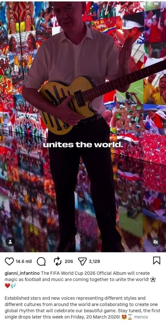 &nbsp;Gianni Infantino anuncia álbum musical para el Mundial 2026. IG / @gianni_infantino