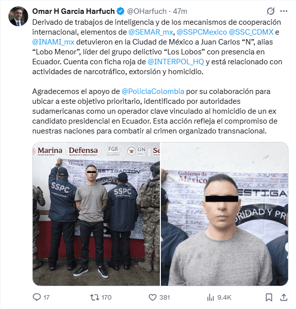 &nbsp;García Harfuch compartió la detención de Juan Carlos 