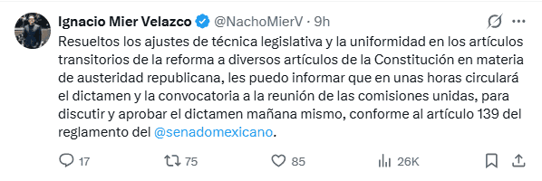&nbsp;Publicación del presidente de la Junta de Coordinación Política de la Cámara de Senadores por Morena. X / @NachoMierV