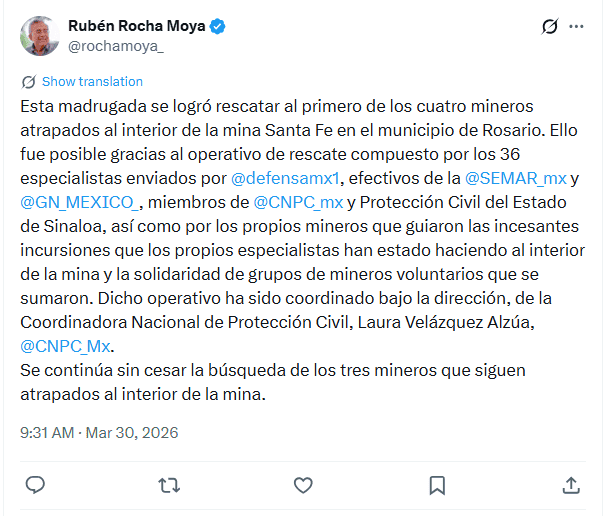 &nbsp;Rocha Moya da a conocer el rescate del primer minero en la mina de Santa Fe, Rosario, Sinaloa. X / rochamoya_