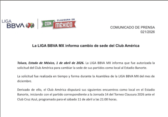 Comunicado oficial de la Liga MX sobre el retorno de las Águilas del América al Estadio Azteca. X / @LigaBBVAMX&nbsp;