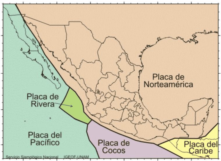 Mapa de las placas tectónicas. Jalisco se encuentra cerca de la colindancia de tres de ellas. ESPECIAL / SSN&nbsp;