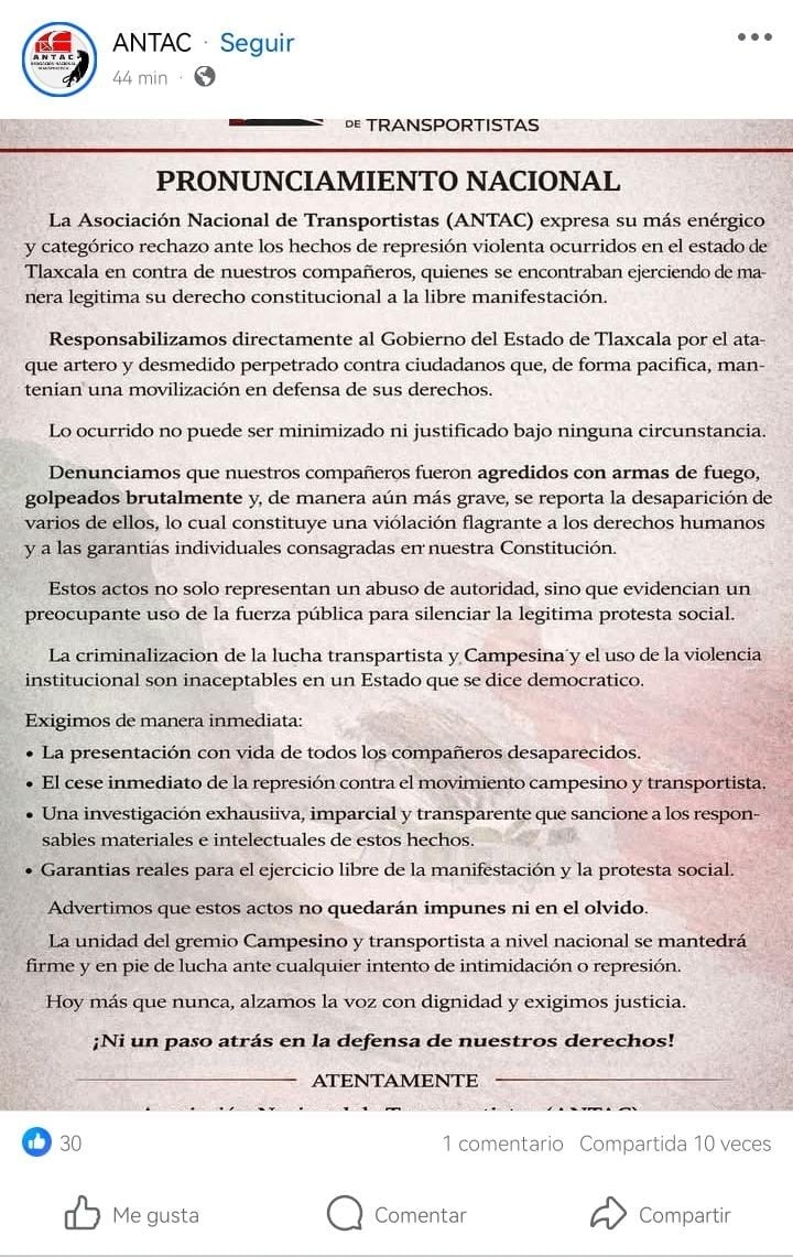 &nbsp;Comunicado de la ANTAC; revela desaparición de transportistas. FB / ANTAC