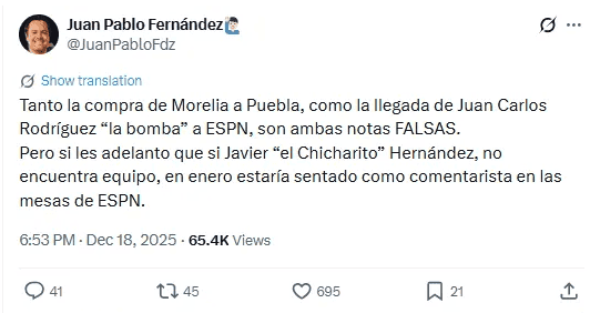 Publicación de Juan Pablo Fernández en redes sociales. X / @JuanPabloFdz&nbsp;