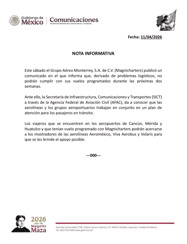&nbsp;Comunicado de la SICT publicado en redes sociales. X / @SICTmx