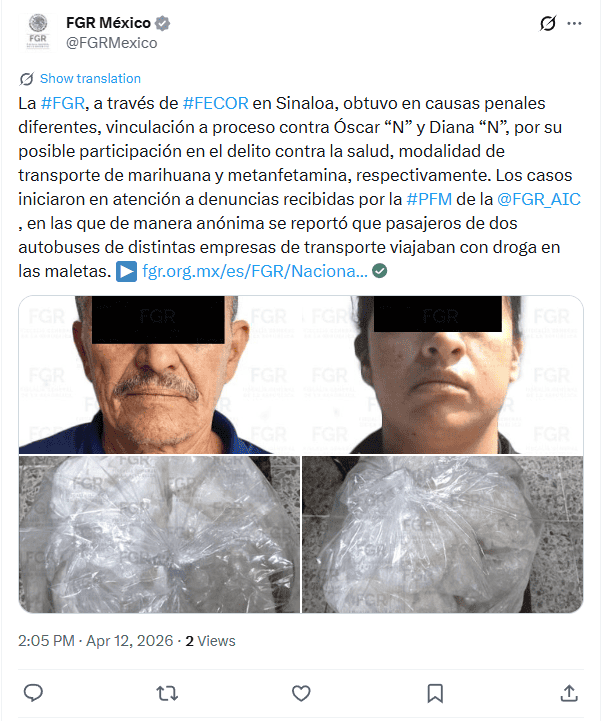 &nbsp;FGR publica la vinculación a proceso de un hombre y una mujer en Sinaloa. X / @FGRMexico