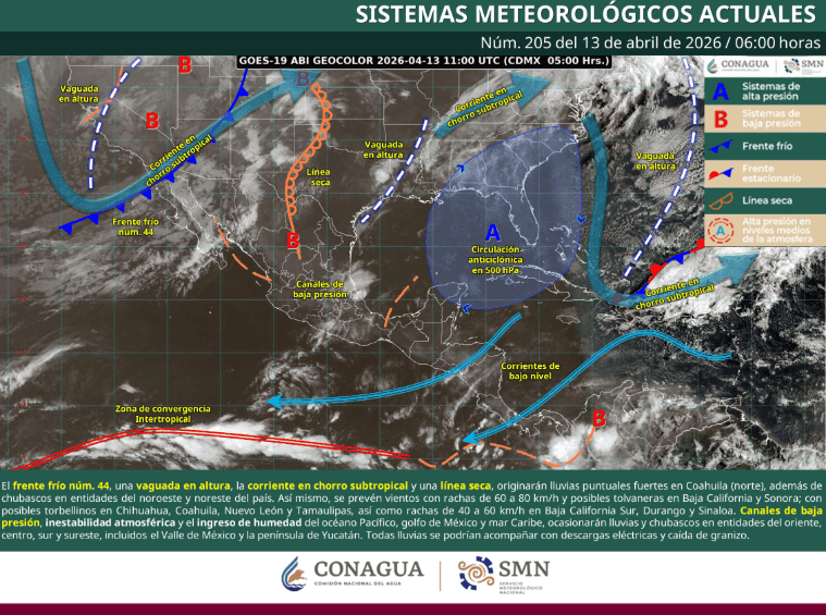 &nbsp;Detalles del clima para este lunes 13 de abril a nivel nacional. ESPECIAL / SMN