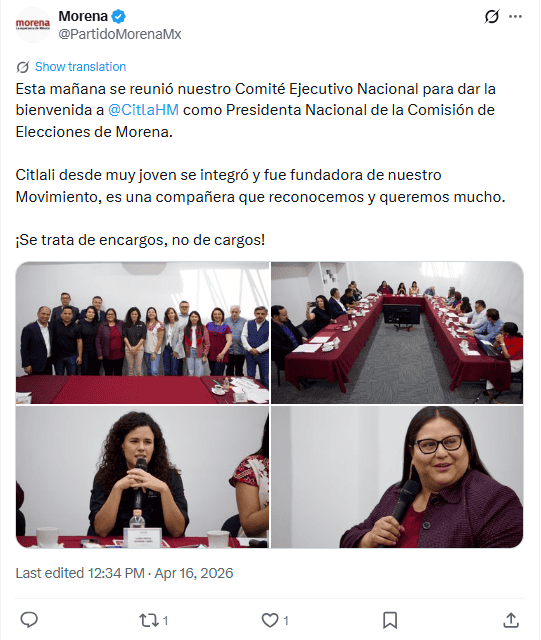 &nbsp;Morena da la bienvenida a Citlalli Hernández. X / @PartidoMorenaMx