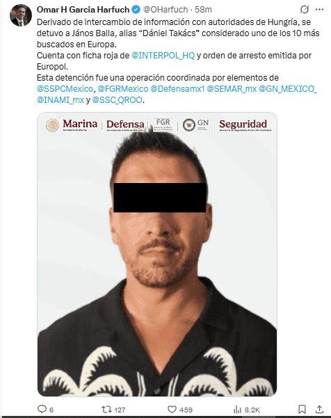 &nbsp;Harfuch anuncia la detención en México de János Balla, 