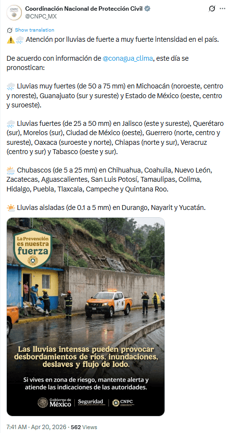 &nbsp;Mensaje de la Coordinación Nacional de Protección Civil. X / @CNPC_MX