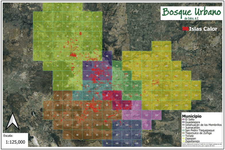 Islas de calor urbano en el Área Metropolitana de Guadalajara. ESPECIAL / Bosque Urbano de Extra A. C.&nbsp;
