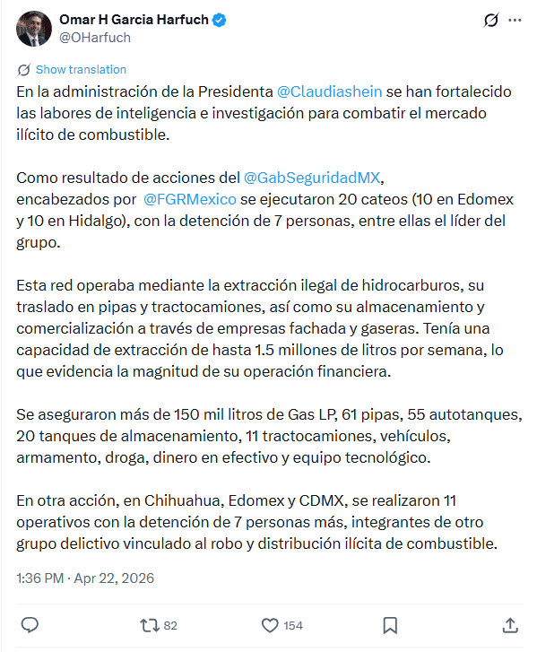 &nbsp;García Harfuch anuncia el desmantelamiento de redes dedicadas al huachicol en México. X / @OHarfuch