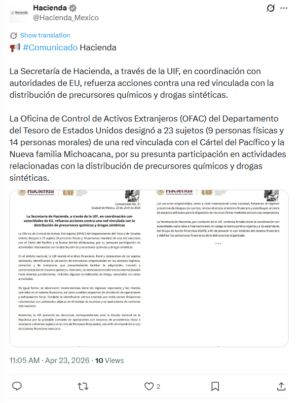 &nbsp;Comunicado de Hacienda sobre la denuncia interpuesta ante la FGR. @Hacienda_Mexico