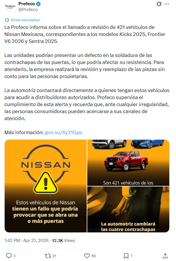&nbsp;Anuncio de la Profeco desde redes sociales sobre el llamado de Nissan México. X / @Profeco