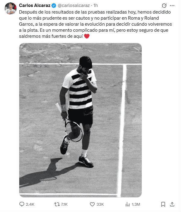 &nbsp;Alcaraz anuncia que no participará en el Roland Garros por motivos de salud. X / @carlosalcaraz