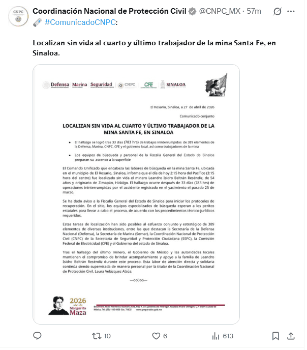 &nbsp;Comunicado emitido por autoridades tras el hallazgo de Leandro Beltrán. X / @CNPC_MX
