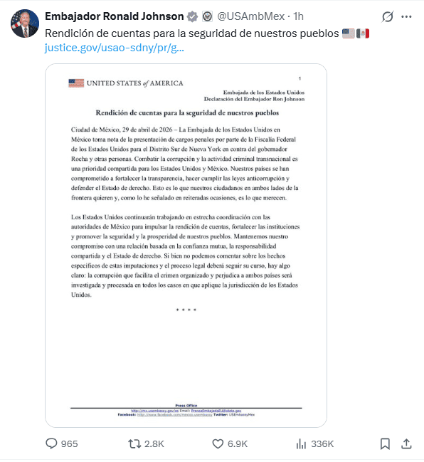 &nbsp;Comunicado oficial de la Embajada de Estados Unidos en México. X / @USAmbMex