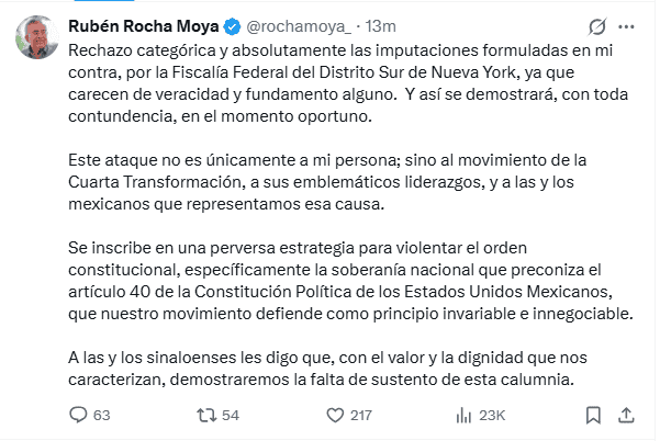 &nbsp;Publicación del gobernador por Morena donde rechaza las acusaciones de EU. X / @rochamoya_