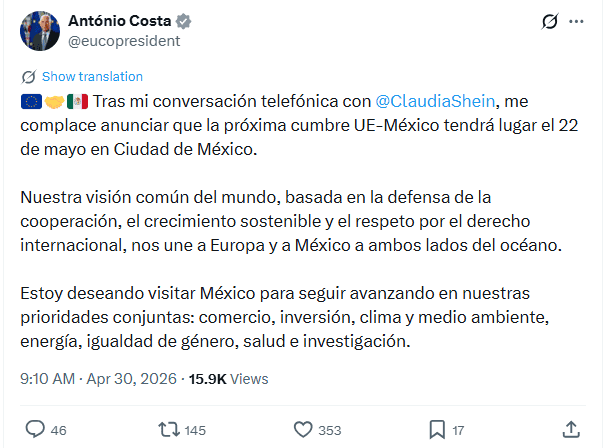 &nbsp;António Costa confirma a México como anfitrión de la cumbre internacional. X / @eucopresident