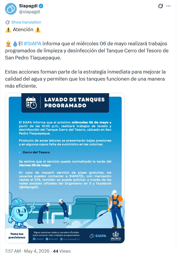 Anuncio del Siapa sobre nuevo corte en el suministro para Tlaquepaque. X / @siapagdl &nbsp;