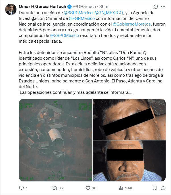 &nbsp; García Harfuch reporta la detención de los principales operadores de 