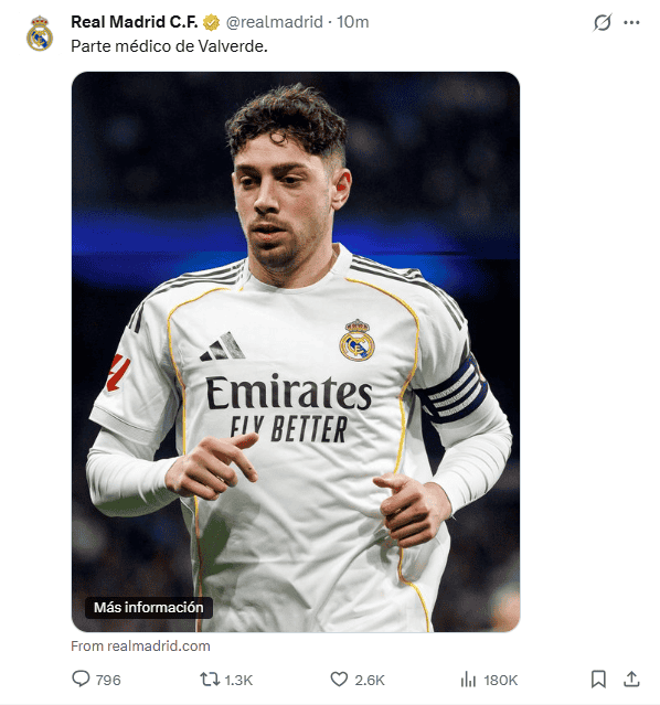 &nbsp;Anuncio del parte médico del uruguayo tras altercado. X / @realmadrid