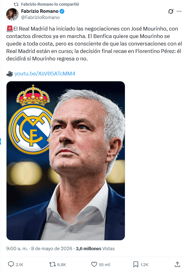 &nbsp;Romano mantiene al tanto a sus seguidores sobre el destino del portugués. X / @FabrizioRomano
