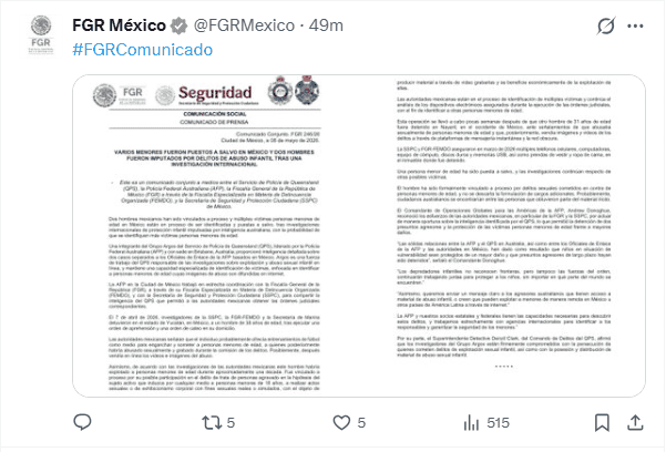 &nbsp;Comunicado conjunto. X / @FGRMexico