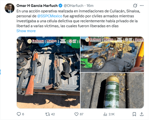 &nbsp;García Harfuch reporta ataque contra elementos de seguridad en Sinaloa. X / @OHarfuch