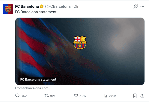 &nbsp;Comunicado del Barcelona tras rueda de prensa de Pérez. X / @FCBarcelona
