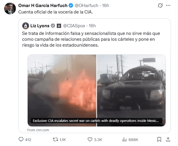 El titular de la Sceretaría de Seguridad y Protección Ciudadana (SSPC), Omar García Harfuch, compartió la respuesta de la vocera de la CIA. X / @OHarfuch&nbsp;