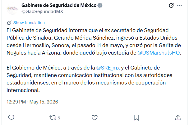 &nbsp;Confirman detención en EU de Mérida Sánchez. X / @GabSeguridadMX
