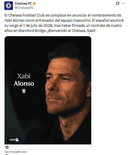 &nbsp;Anuncio de los azules sobre la llegada de Alonso al club como entrenador. X / @ChelseaFC